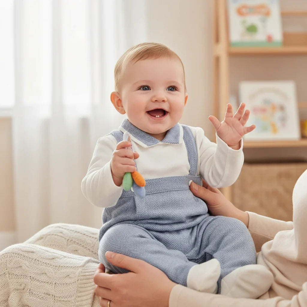 <img src="caminho/para/imagem.jpg" alt="Bebé sentado no colo vestido com babaygrow azul">