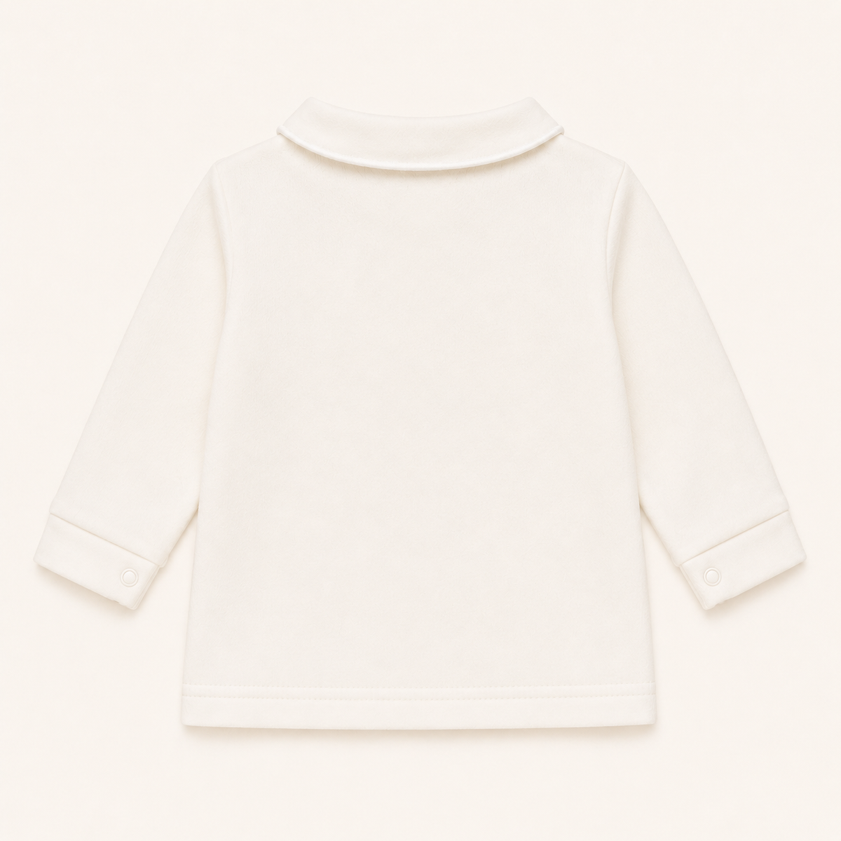 Costas de camisola com gola redonda em malha algodão bege, ideal para bebés de 12 meses aos 48 meses.