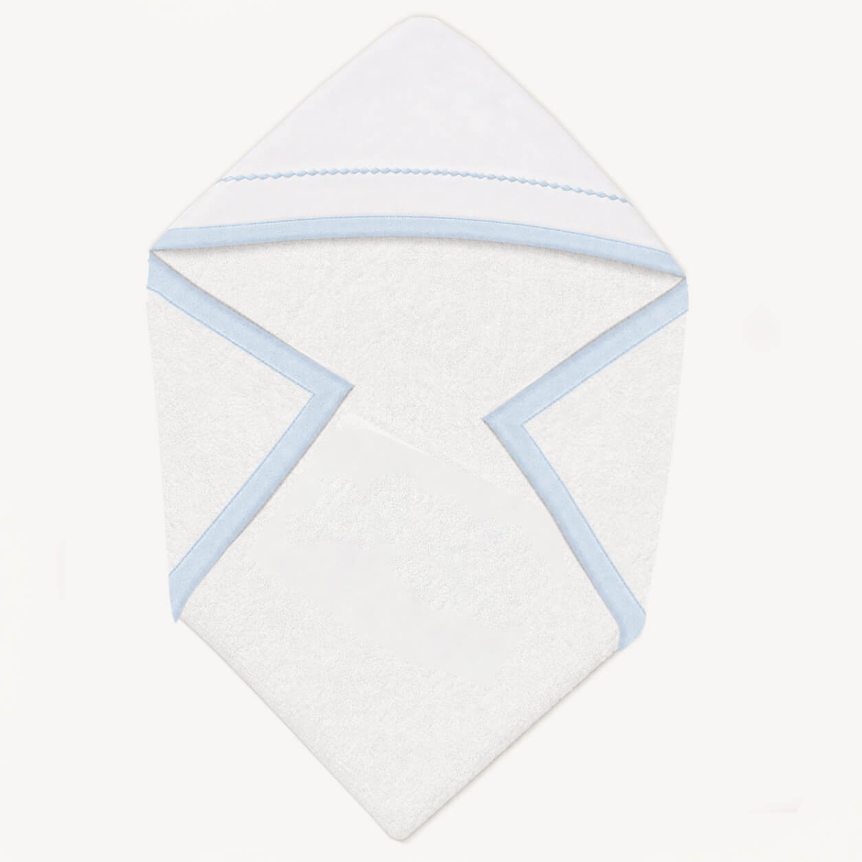 Toalha aberta para bebé com capuz branco bordado em azul, felpo algodão suave e barras em malha azul à volta