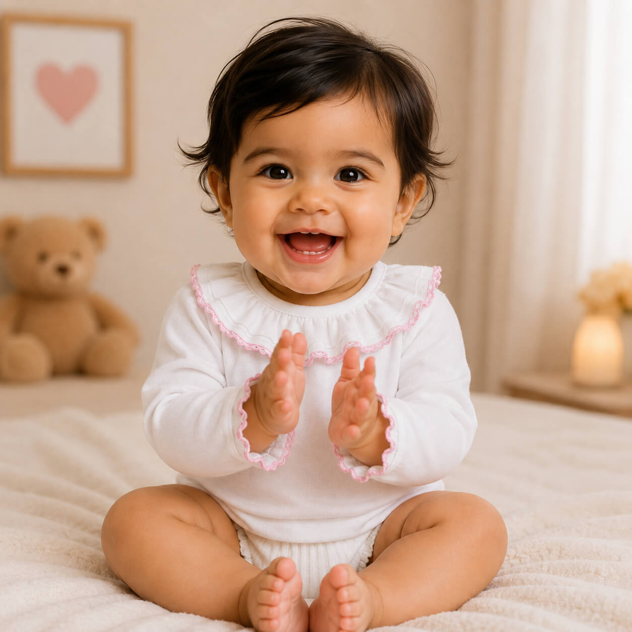 Bebe sorridente, a bater palmas, com body básico branco com gola branca com renda rosa. manga comprida, tudo em algodão