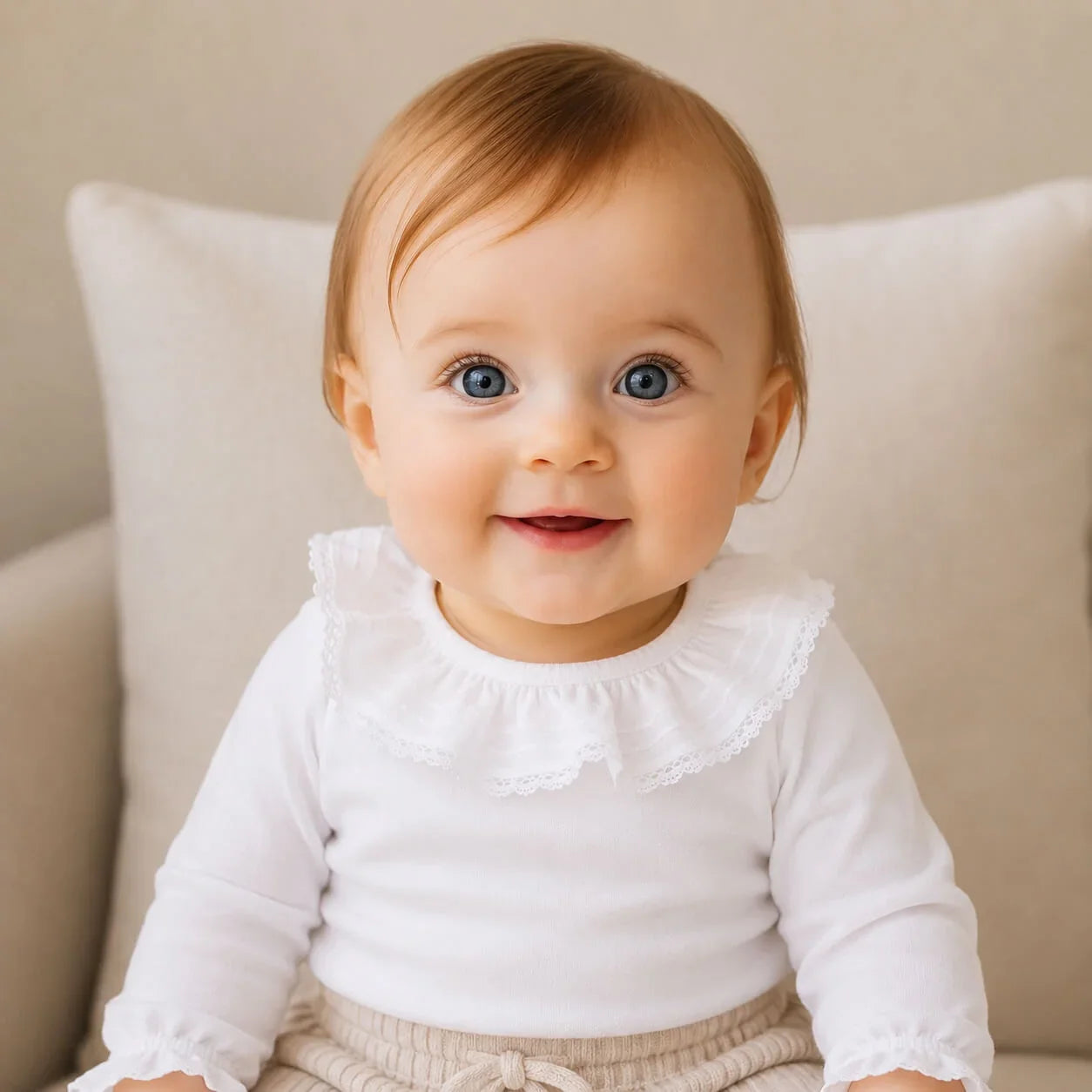 Bebê sorridente com roupa branca e detalhes em renda, confortável e delicada para recém-nascidos