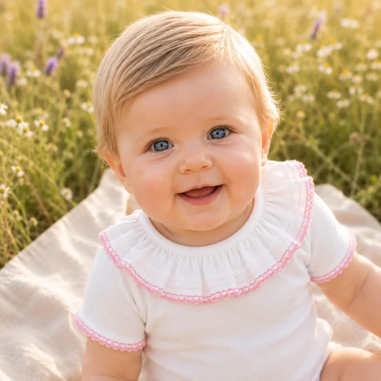 Bebê sorridente com roupa branca e detalhes rosa em campo de flores