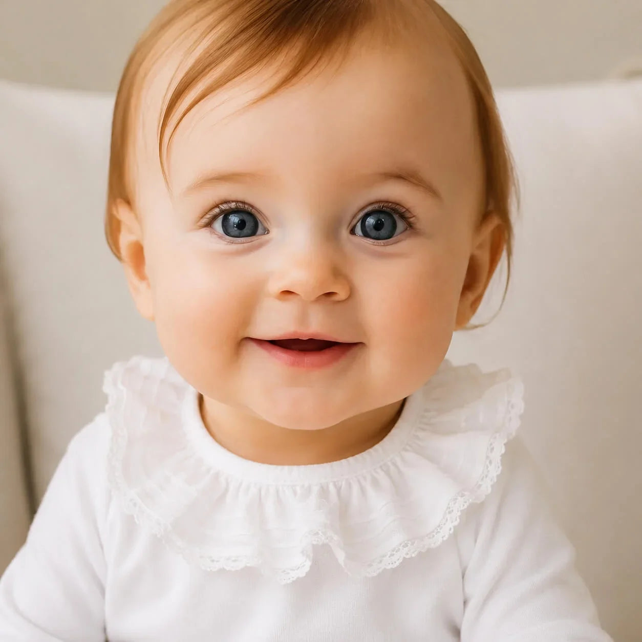 Bebê sorridente com roupa branca de enxoval, delicada e confortável para recém-nascidos