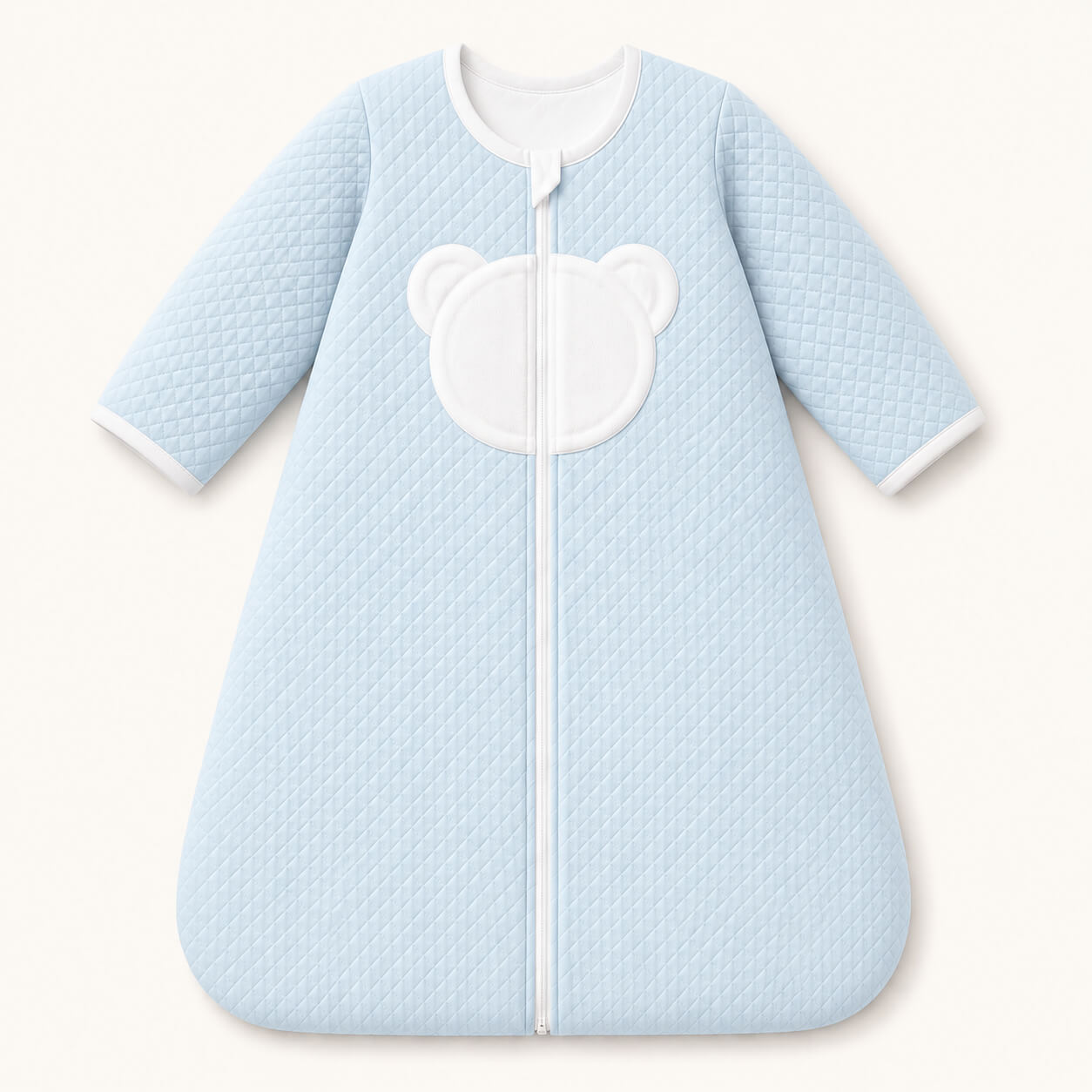 Saco de dormir azul claro para bebé com detalhe de urso branco, ideal para recém-nascidos