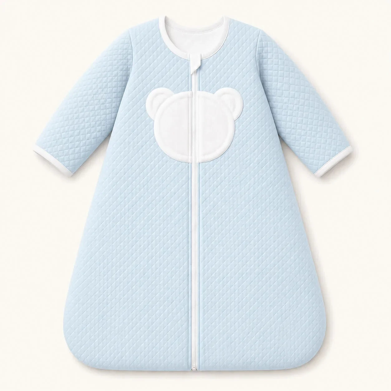 Saco de dormir azul claro para bebé com detalhe de urso branco, ideal para recém-nascidos