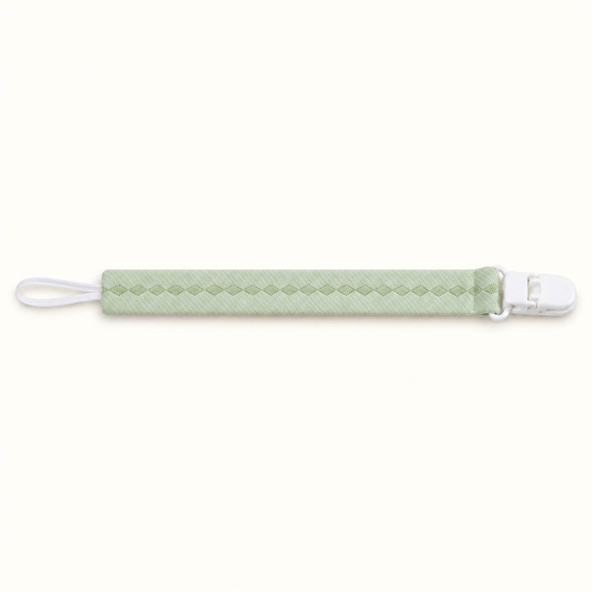 suporte de chupetas ideal para bebé com medidas certas e peso conforme as normas europeias, em algodão verde e bordado
