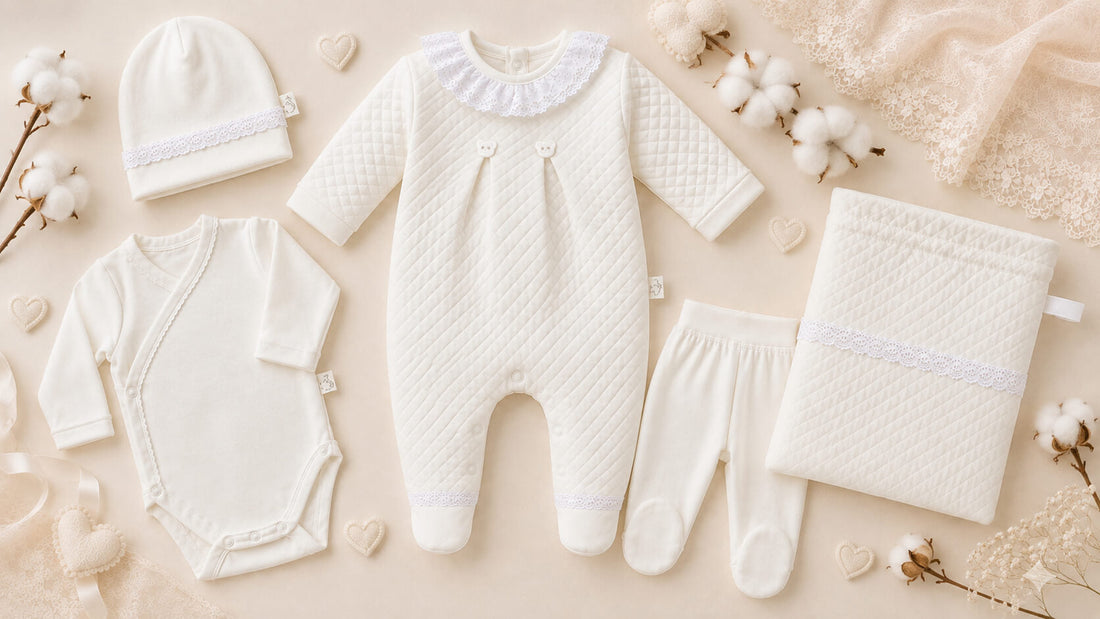  primeira roupa do bebé para a maternidade: 1 babybrow, 1 body, 1 calça com pés, um gorro e o saquinho para levar dentro o conjunto
