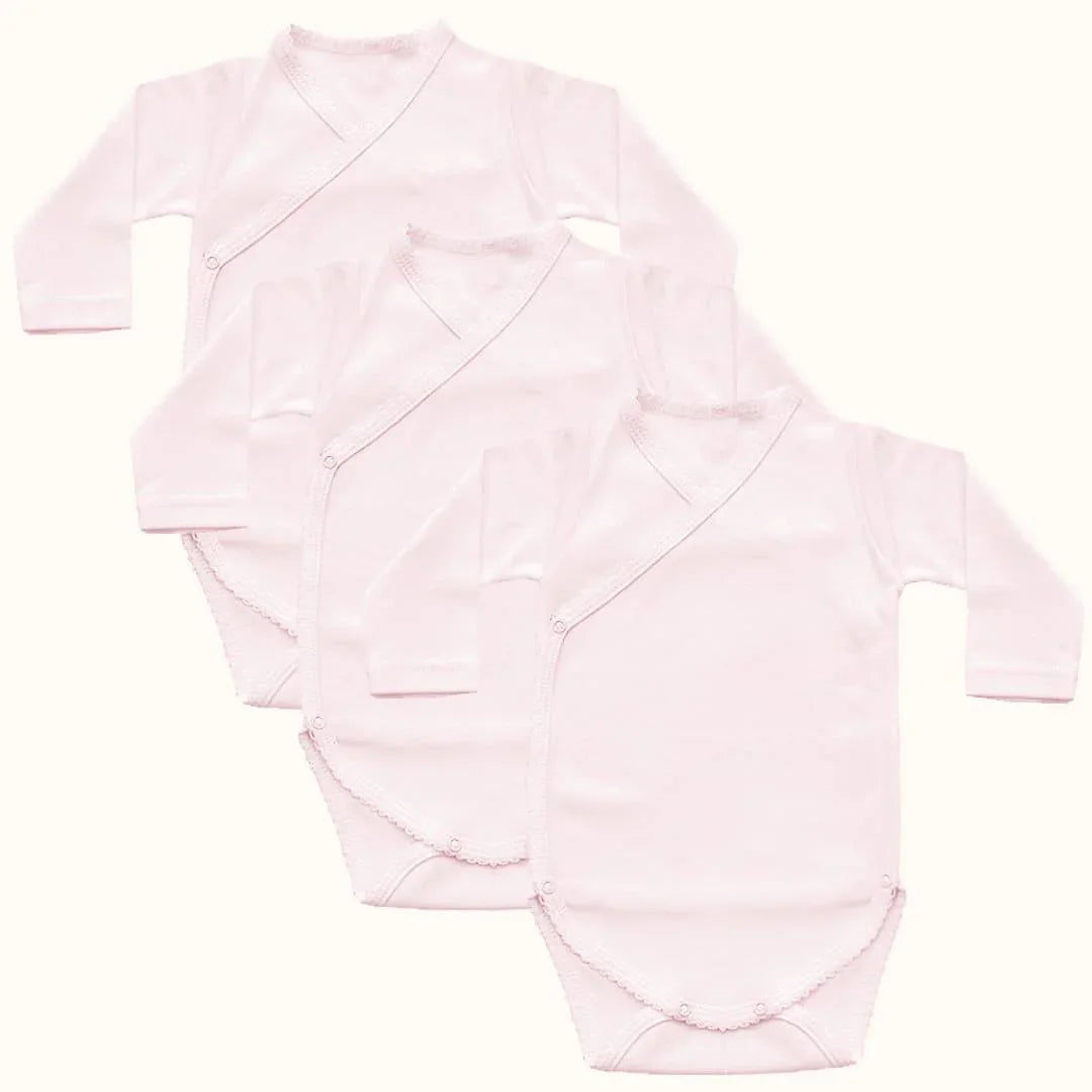 Conjunto de três bodies rosa de manga comprida cruzados para bebê recém-nascido