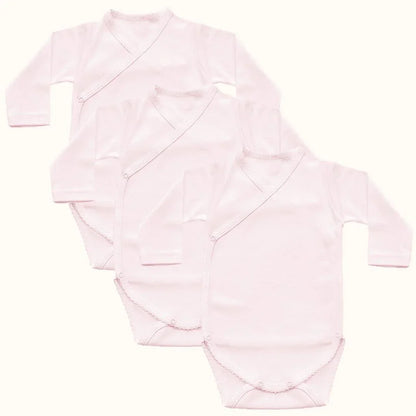 Conjunto de três bodies rosa de manga comprida cruzados para bebê recém-nascido
