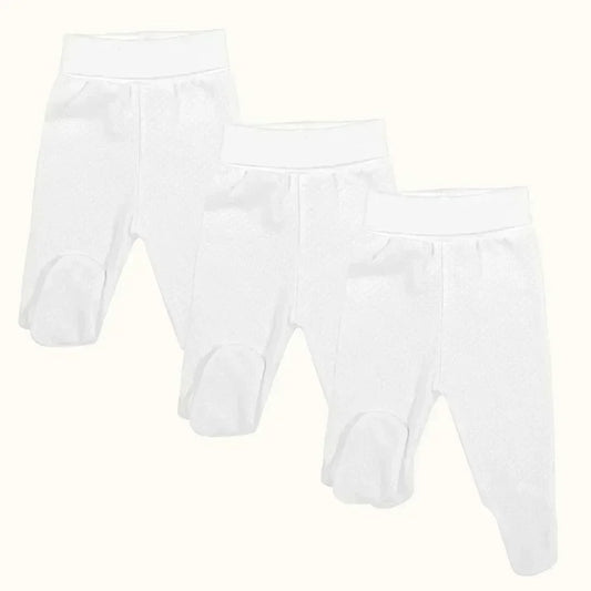 Conjunto com três calças brancas com pé, roupa de bebé confortável para recém-nascido.