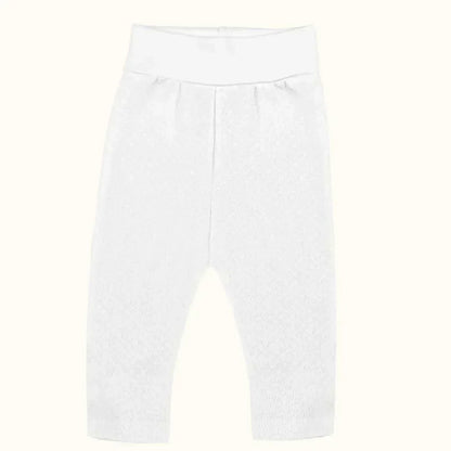 Calça de bebê branca sem pés, tecido macio, ideal para pele delicada de recém-nascido