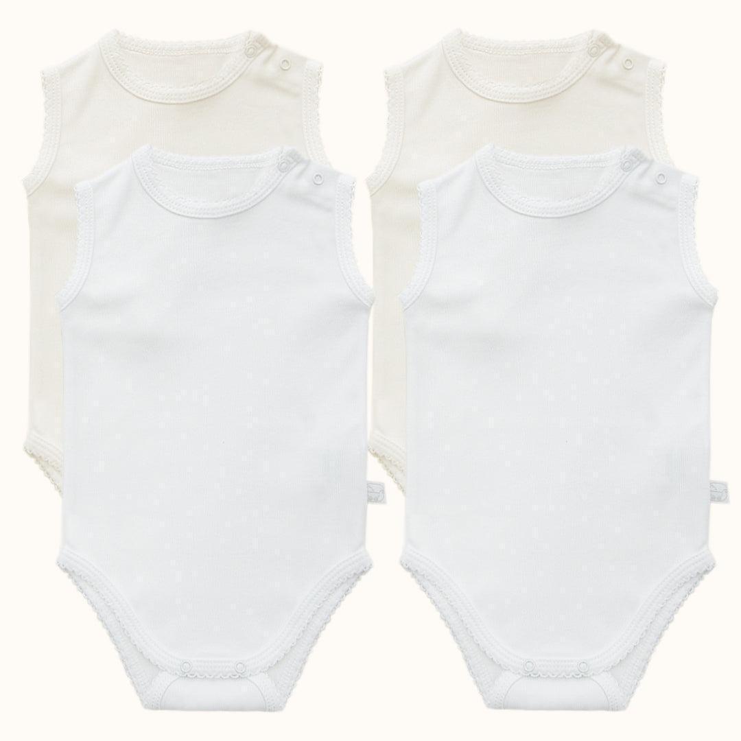 Conjunto de quatro bodies de bebé sem mangas em branco e bege, tecido macio, ideal para recém-nascido