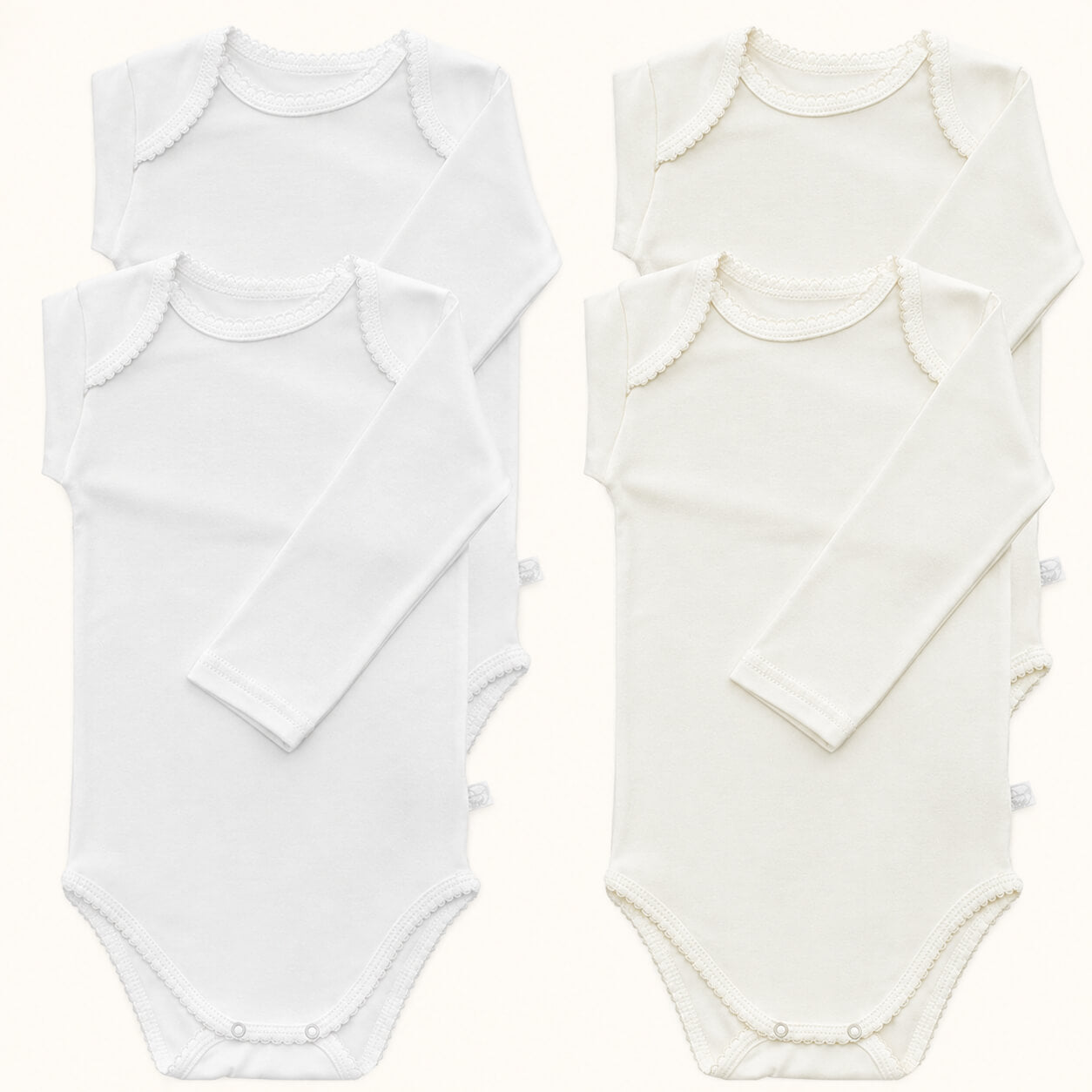 ​4 Bodies cava americana para bebé em 100% algodão Interlock: 2 bege e 2 brancos. Sem etiquetas no decote, anti-pilling e ultra resistente