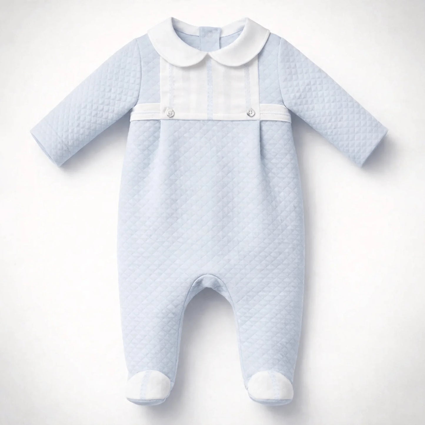 babygrow azul de algodão para bebé, manga comprida, gola branca e detalhes acolchoados