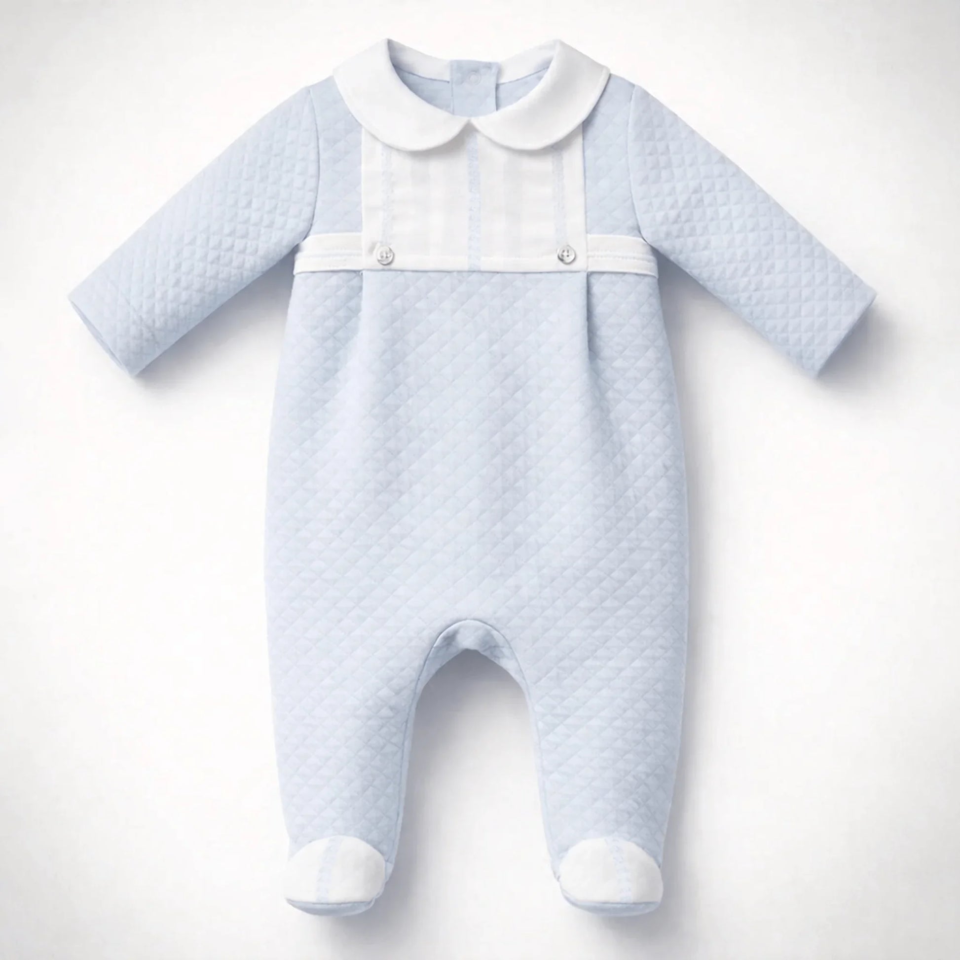 babygrow azul de algodão para bebé, manga comprida, gola branca e detalhes acolchoados
