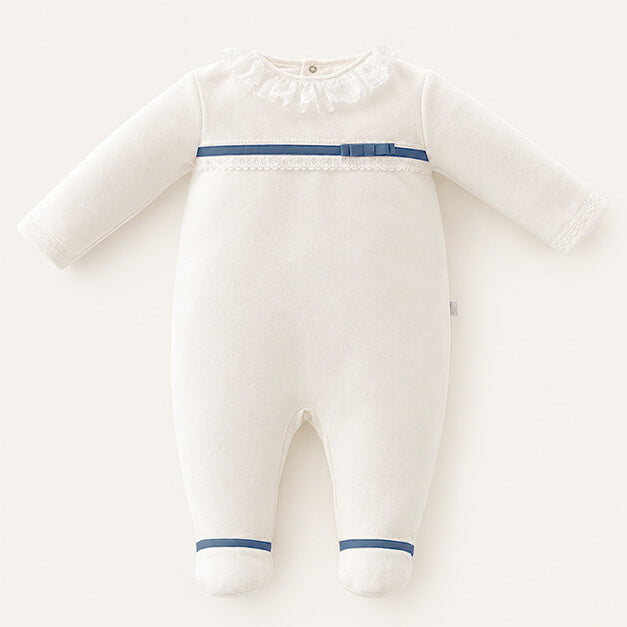 Babygrow para Bebé com Renda Romantic bege, Fita e Laço Azul