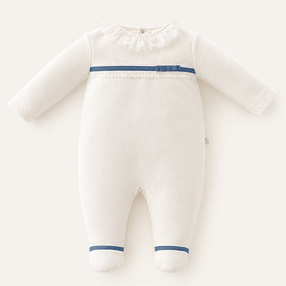 Babygrow para Bebé com Renda Romantic bege, Fita e Laço Azul