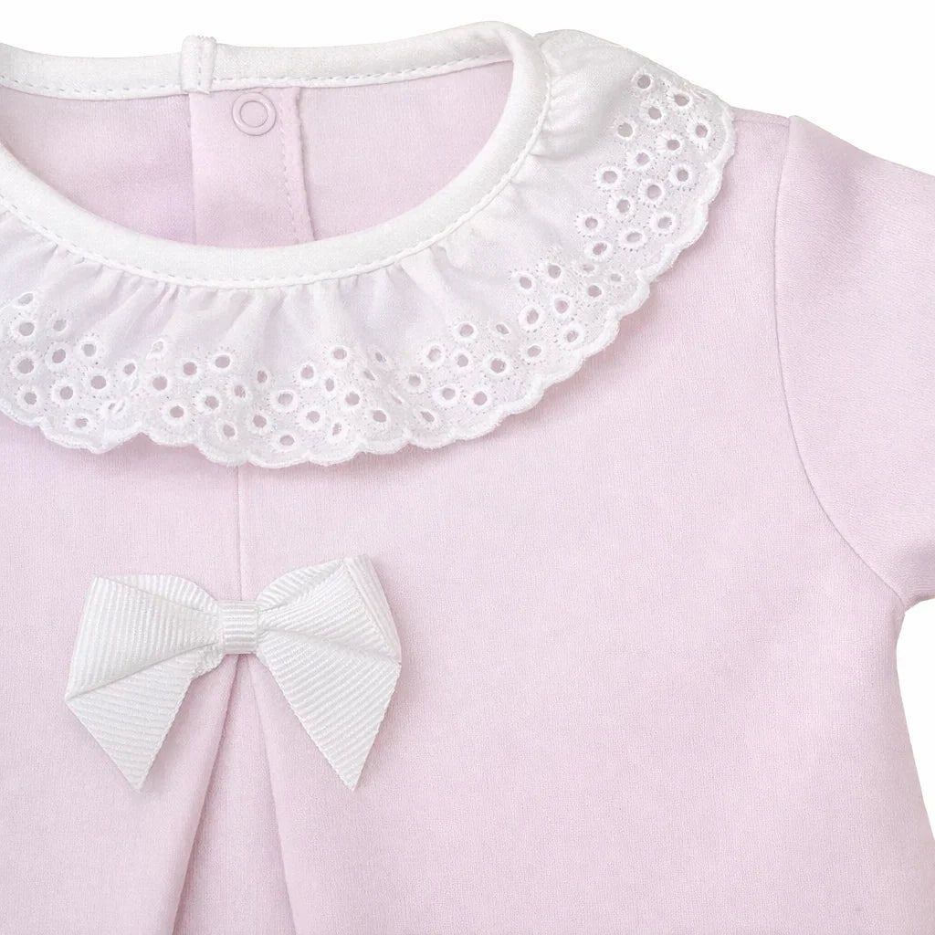 Babygrow rosa de algodão com gola bordada branca e laço, roupa para recém-nascido