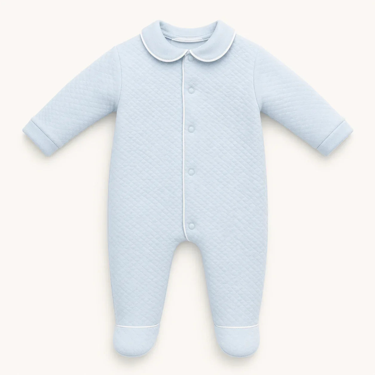 babygrow azul acolchoado para menino, com gola peter pan e botões frontais