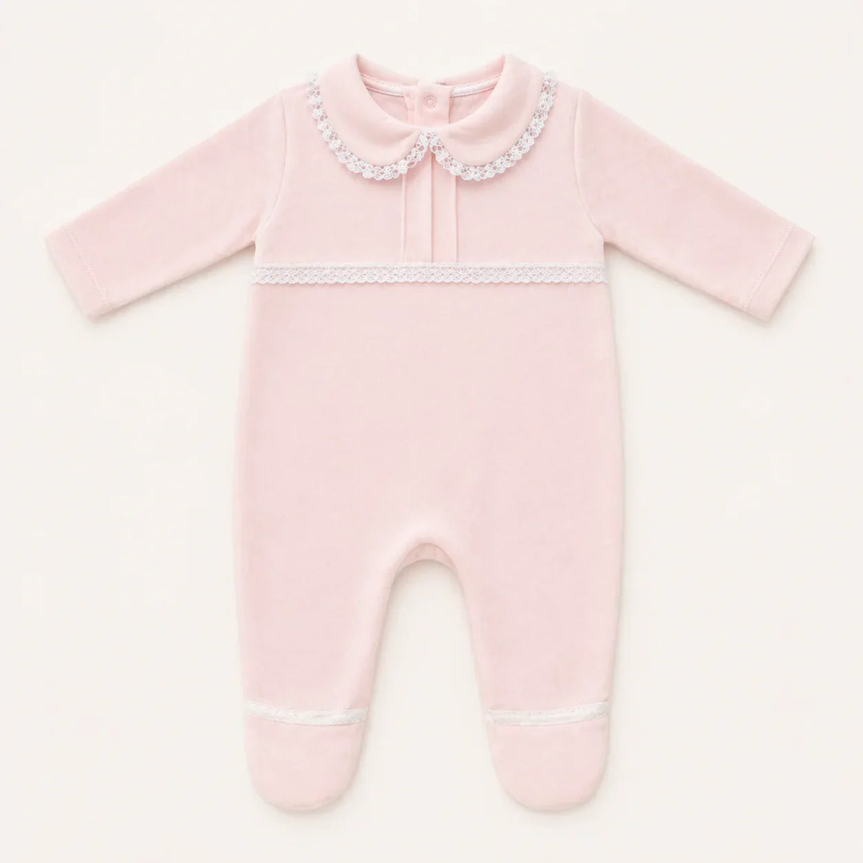 Babygrow rosa para menina com gola de renda e detalhes delicados, manga comprida