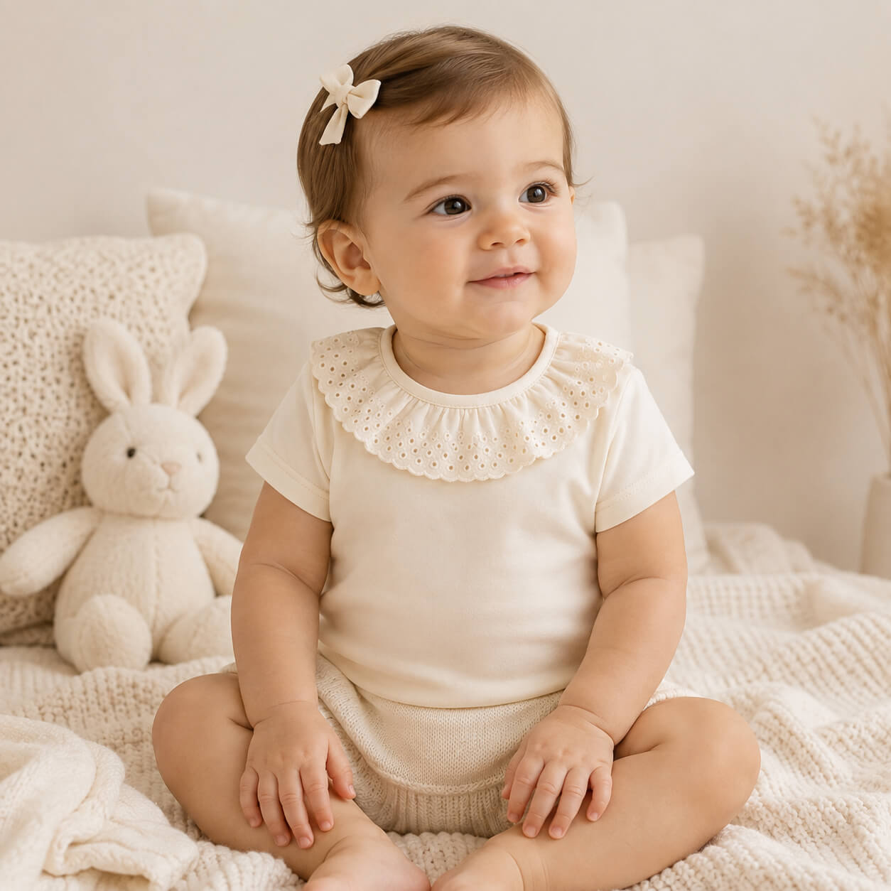 bebé menina com camisola com golinha em bordado inglês tudo em algodão, super confortável para bebés dos 12 aos 48 meses