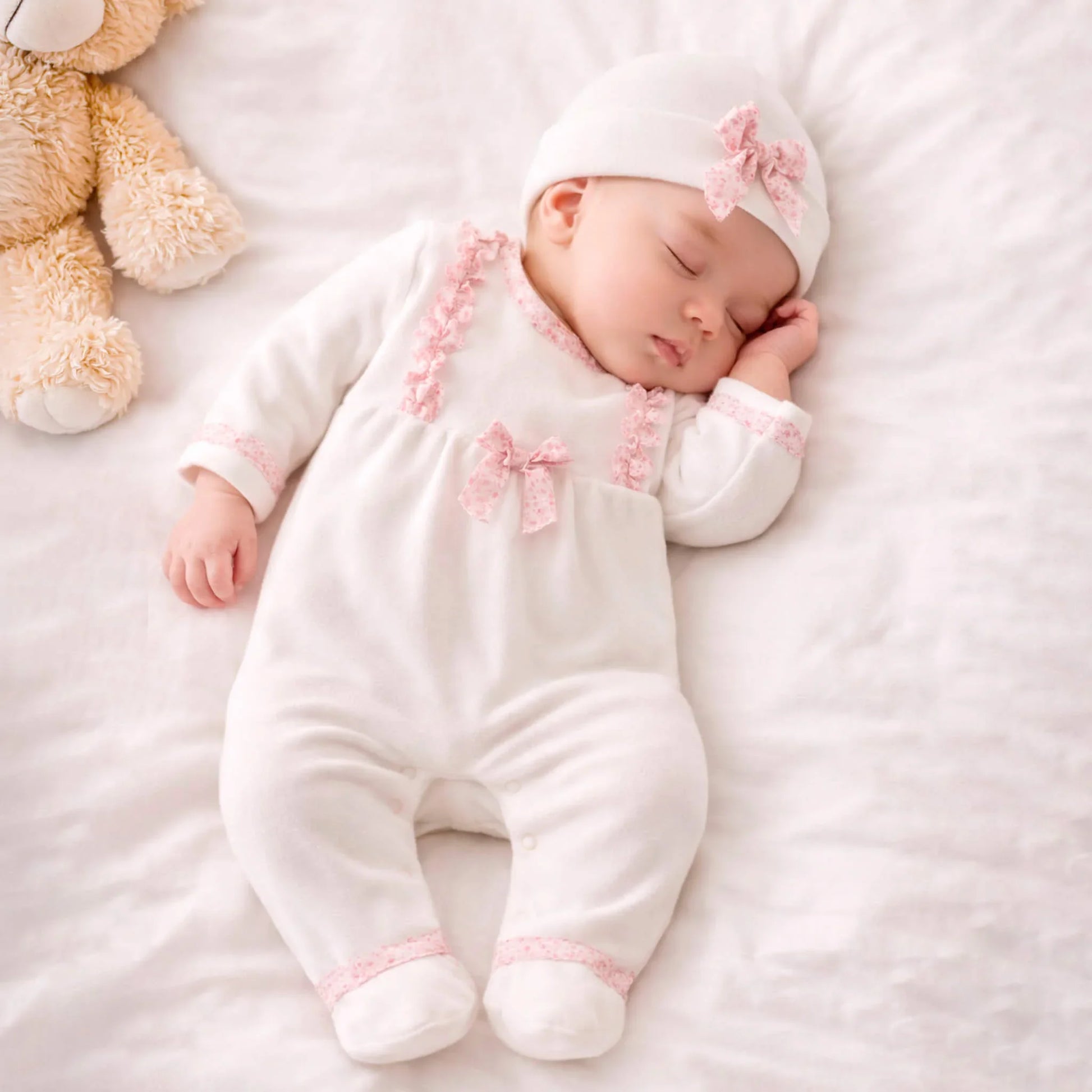 Bebê dormindo com babygrow branco decorado com laços rosa, deitado em cama clara.