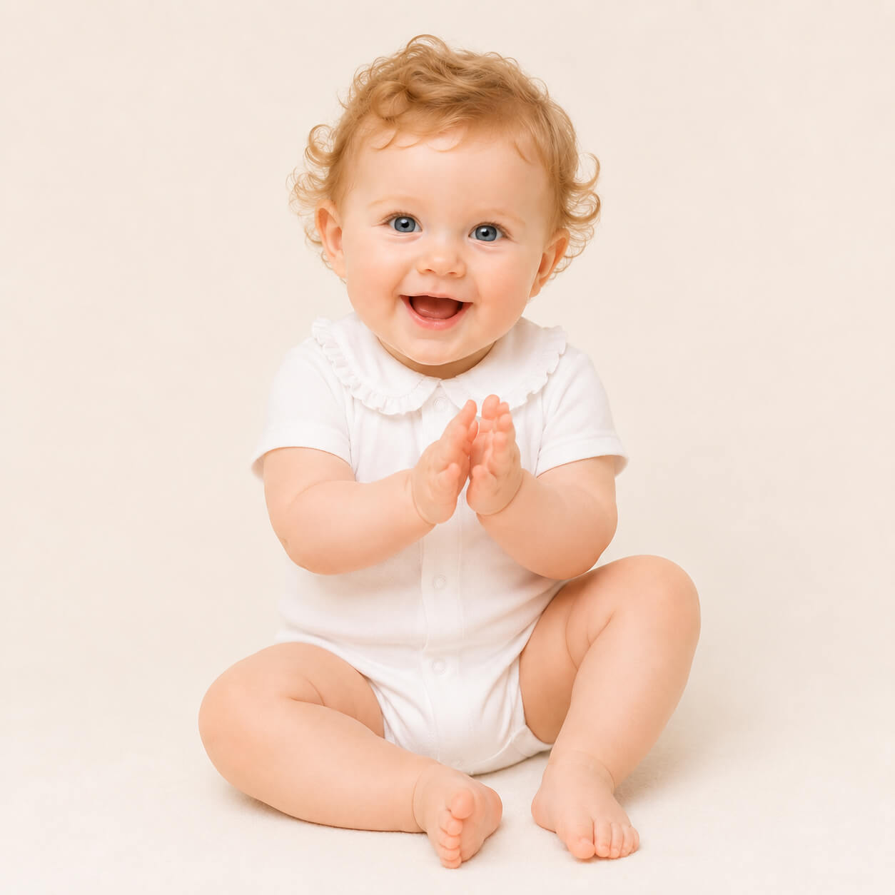 Bebé sentado vestido com body de gola folho, malha algodão branco, super macia e com tratamento Anti-Pilling e anti-encolhimento