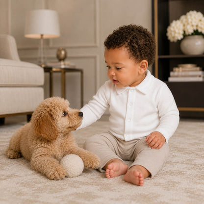 Bebé a brincar com cão, vestido com camisola de gola camisa sweet branco, 100% algodão macio e confortável para qualquer ocasião