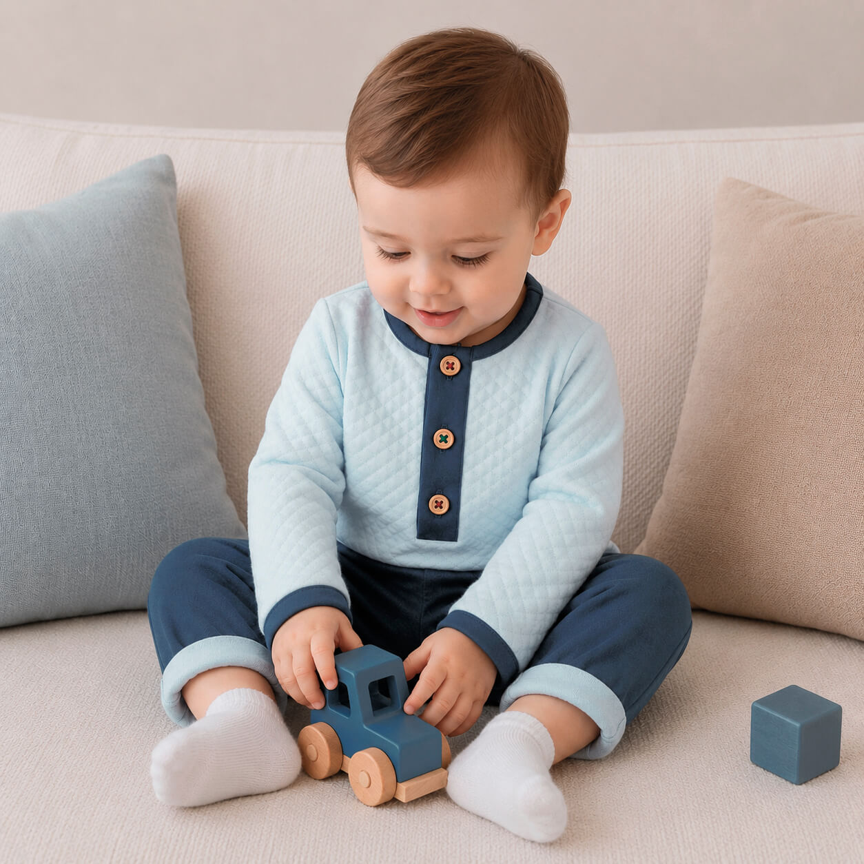 Bebê brincando com caminhão de madeira, vestindo roupa confortável e macia