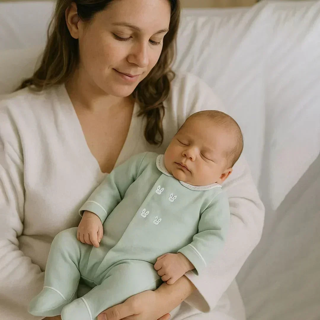 Bebé a dormir no colo da mãe em roupa de dormir suave, ideal para recém-nascidos e conforto maternidade