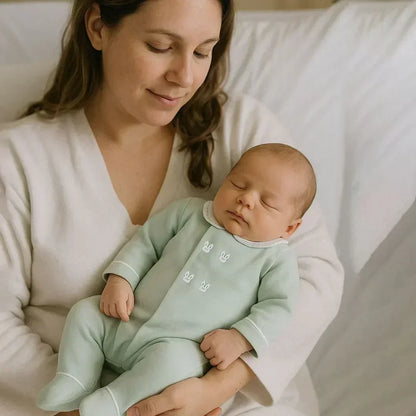 Bebé a dormir no colo da mãe em roupa de dormir suave, ideal para recém-nascidos e conforto maternidade