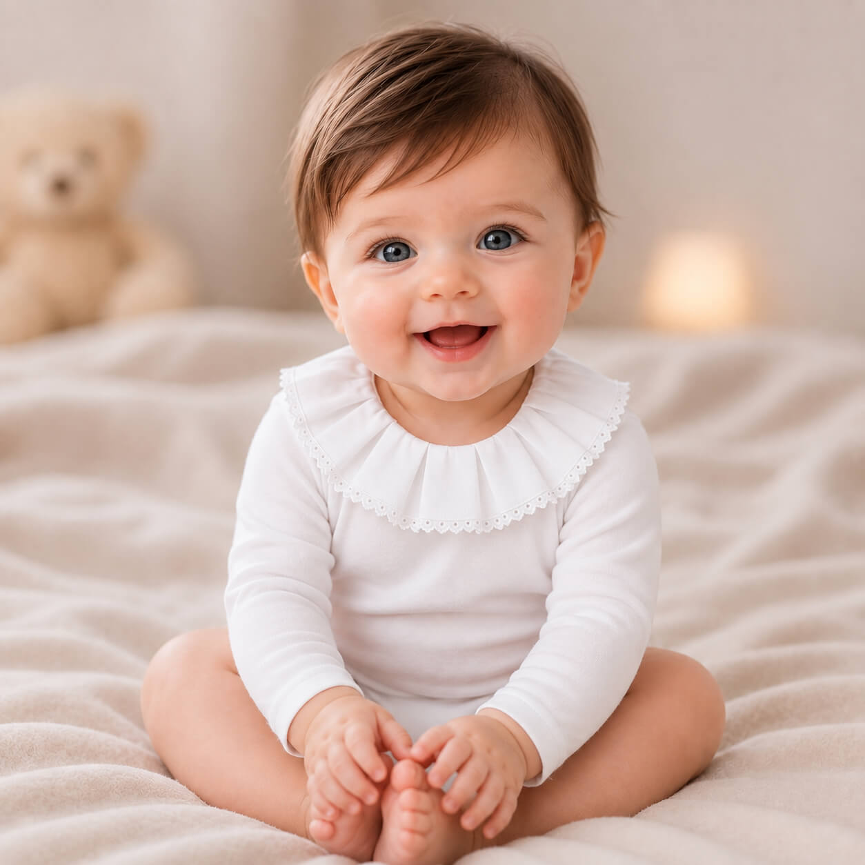 Bebe sorridente com body classic branco com gola em bordado inglês, manga comprida, tudo em algodão