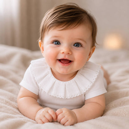 Bebe sorridente com body classic branco com gola em bordado inglês