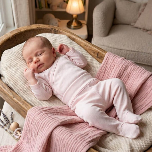 Bebé a dormir confortavelmente, vestida com body cruzado e calça com pés por cima.
