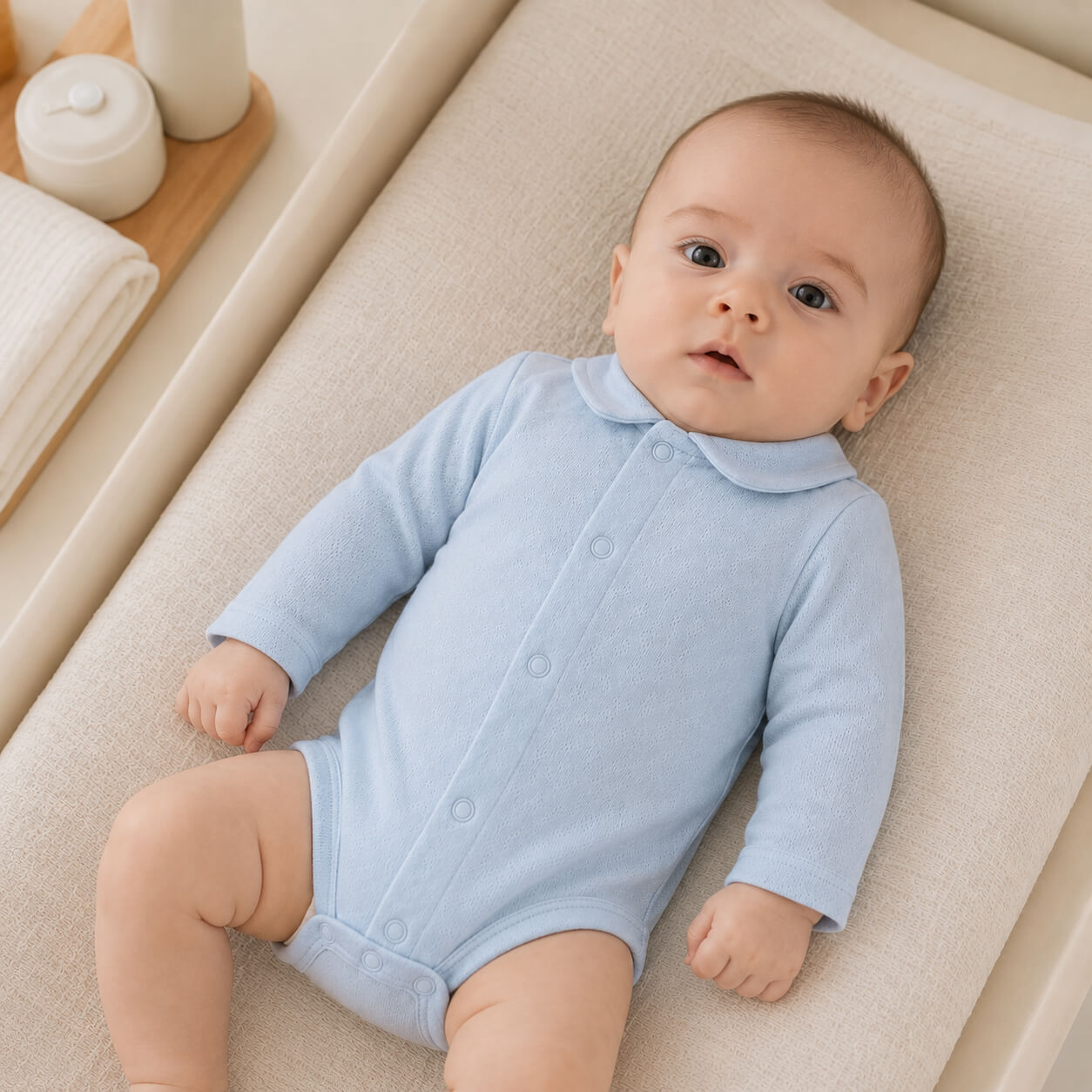Bebé deitado no fraldario, vestido com body de gola camisa, malha algodão azul super macia e com tratamento Anti-Pilling e anti-encolhimento