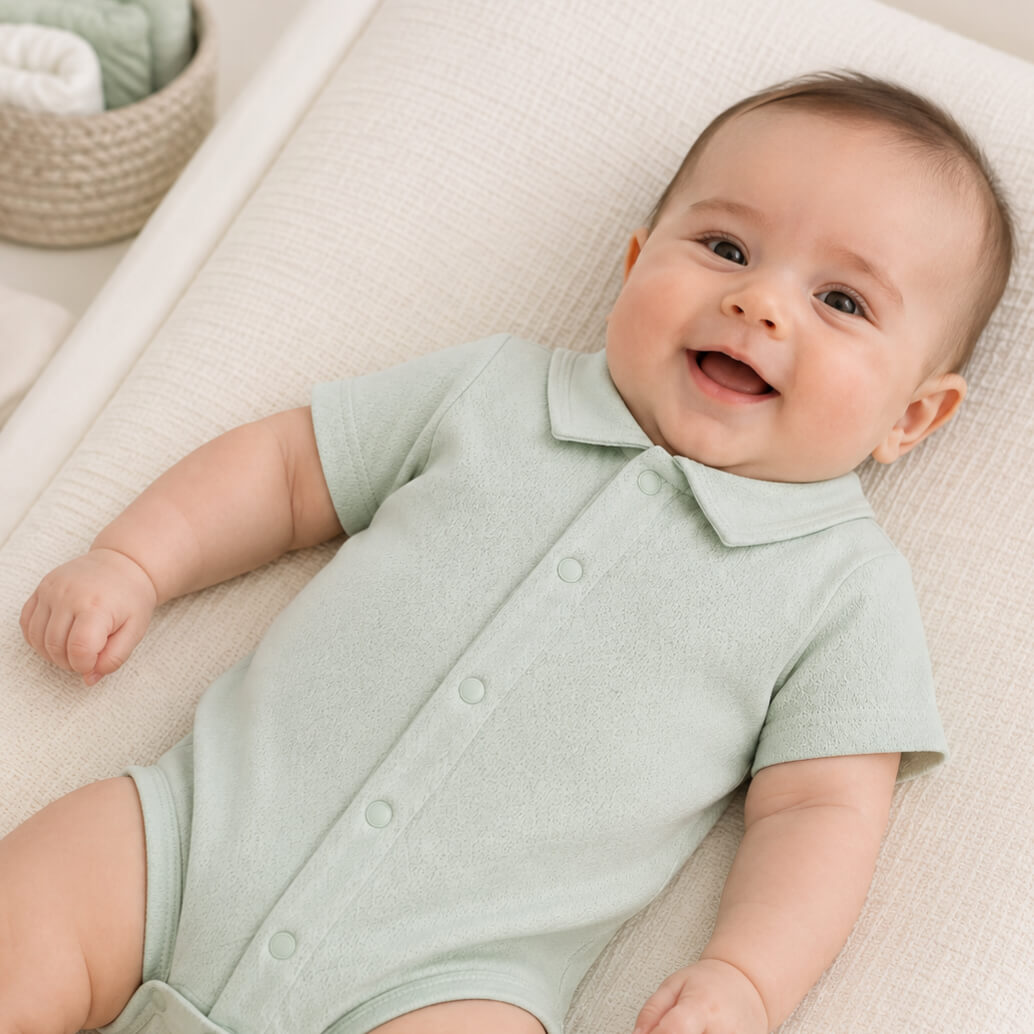 Bebé deitado no fraldario, vestido com body de gola camisa, malha algodão verde super macia e com tratamento Anti-Pilling e anti-encolhimento