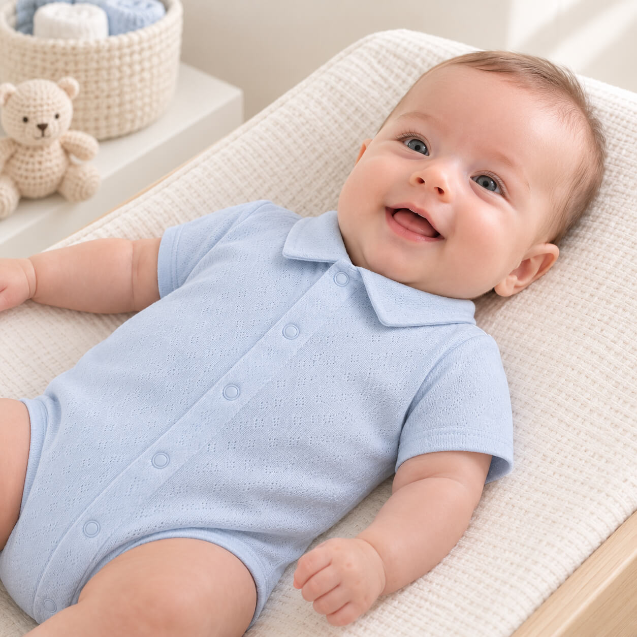 Bebé deitado no fraldario, vestido com body de gola camisa, manga curta, malha algodão azul super macia e com tratamento Anti-Pilling e anti-encolhimento