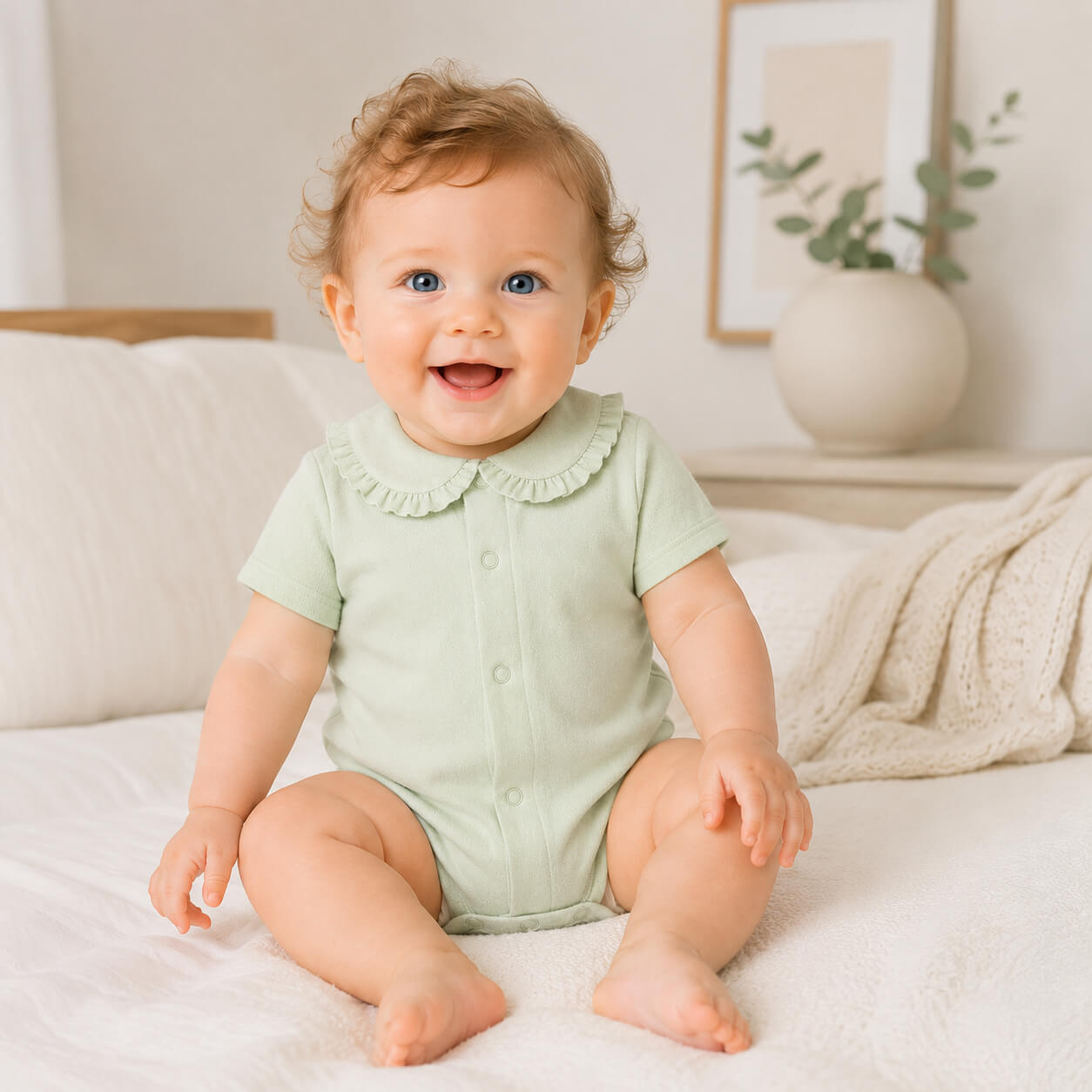 bebé sorridente vestido com body de gola em folho em malha algodão macio verde, manga curta, ideal para colocar por baixo dos conjuntos de malha