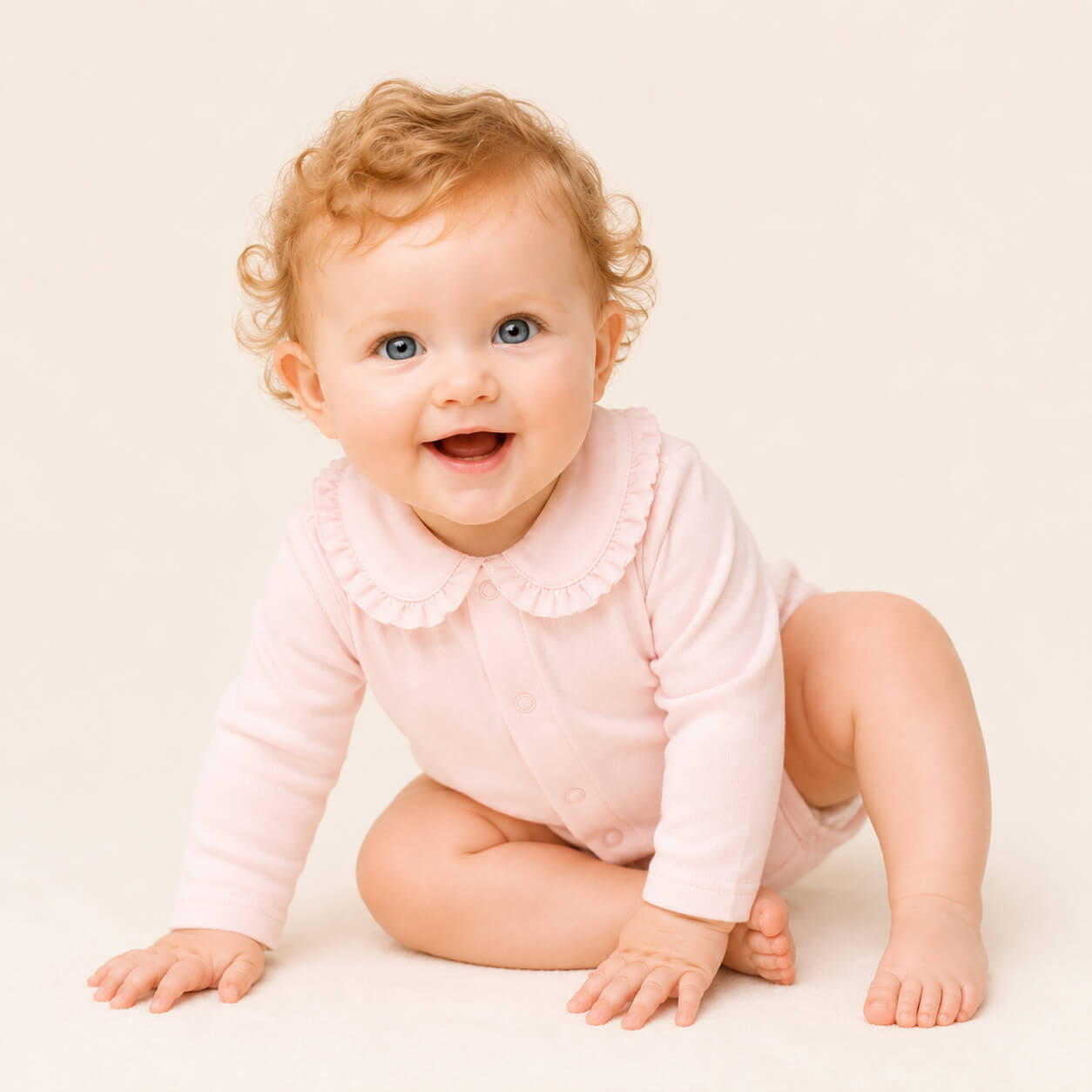 bebé sorridente vestido com body de gola em folho em malha algodão macio rosa, ideal para colocar por baixo dos conjuntos de malha