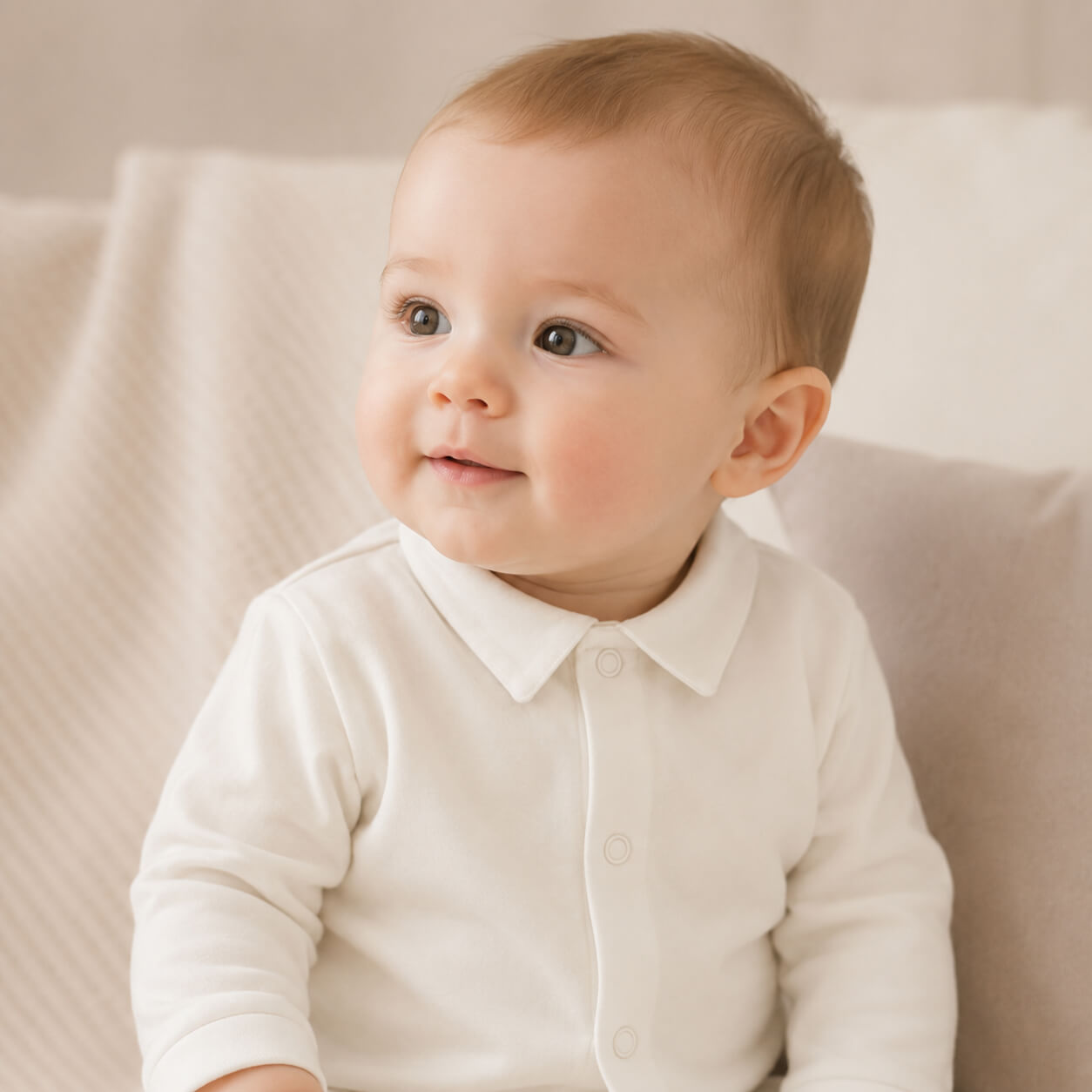 Bebé a sorrir vestido com camisola de gola de bico e apertar à frente com molas em bege