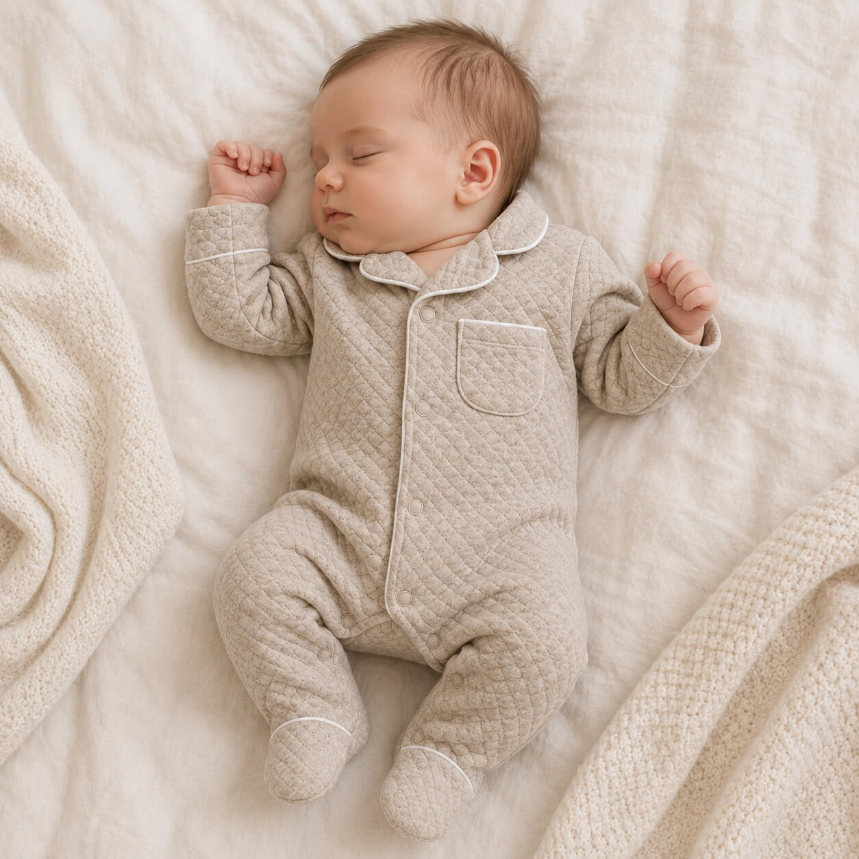 bebé a dormir vestido com babygrow restige em malha camel