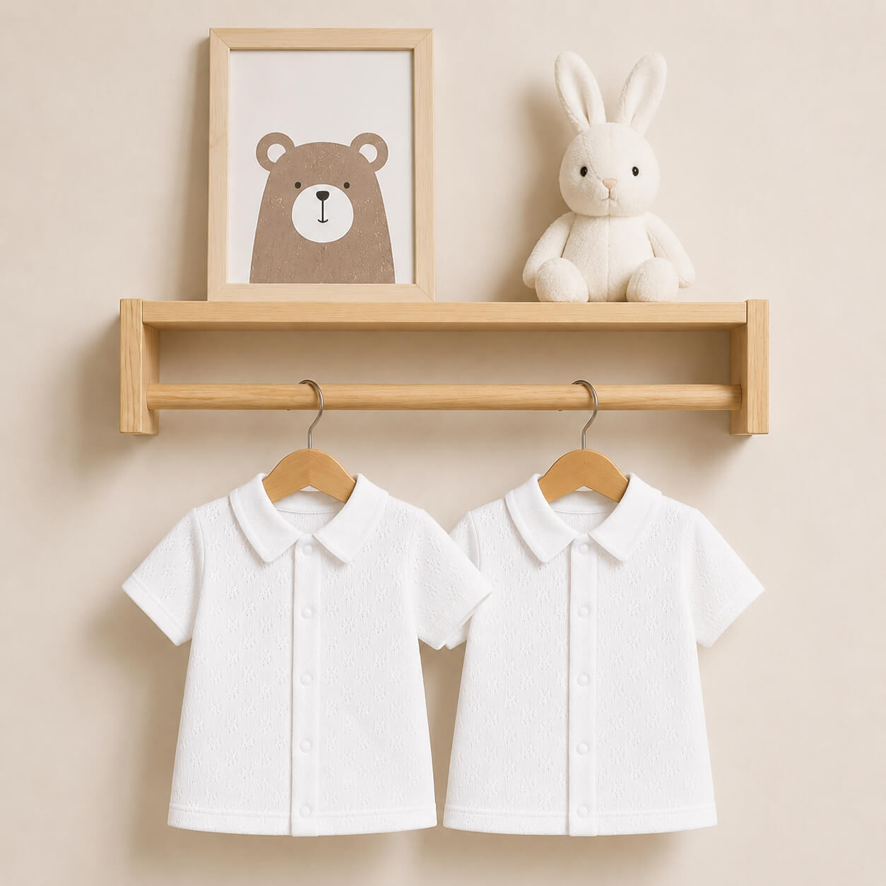 2 camisolas algodão, uma de manga curta e outro de comprida, em cabides, com gola de camisa branco, para bebés depois do desfralde