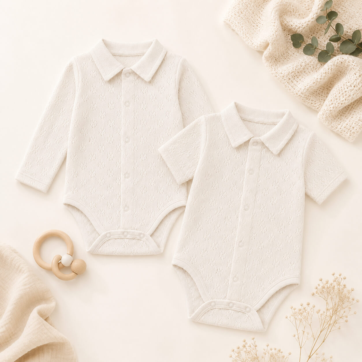 bodies de gola camisa, malha algodão bege super macia e com tratamento Anti-Pilling e anti-encolhimento, sem etiquetas em contacto com a pele do bebe