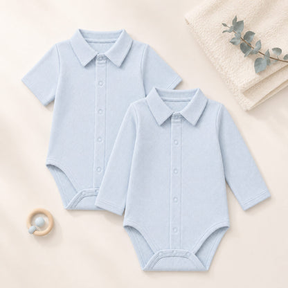 body de gola camisa, malha algodão azul super macia e com tratamento Anti-Pilling e anti-encolhimento, sem etiquetas em contacto com a pele do bebe