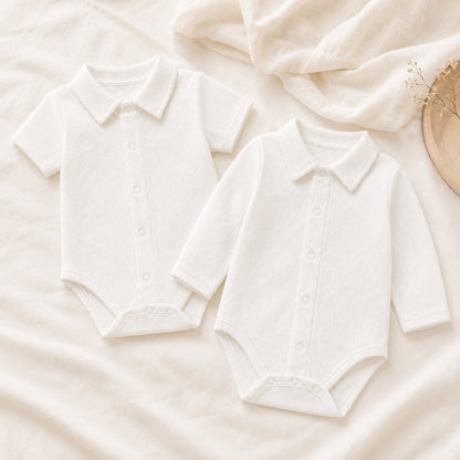 bodies de gola camisa, malha algodão branco super macia e com tratamento Anti-Pilling e anti-encolhimento, sem etiquetas em contacto com a pele do bebe
