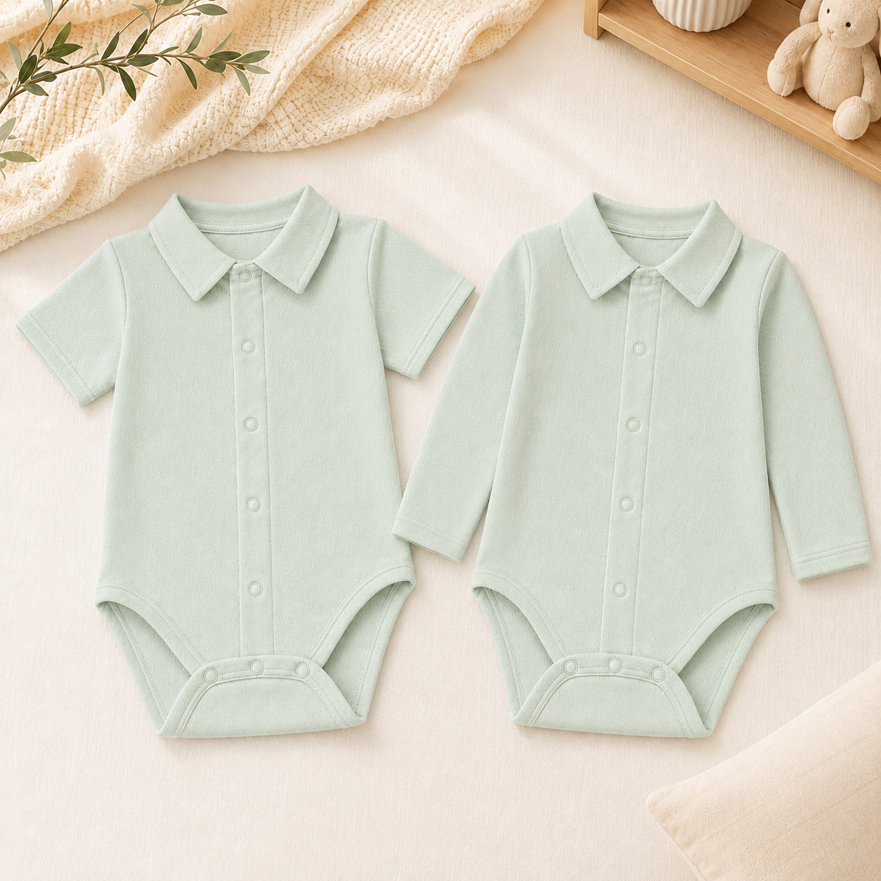 bodies de gola camisa para bebé, manga comprida e outro manga curta, malha algodão verde, super macia e com tratamento Anti-Pilling e anti-encolhimento