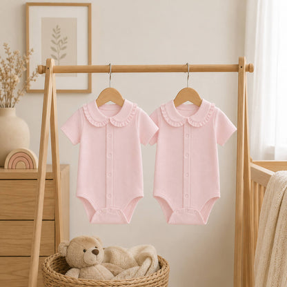 bodies de gola folho, manga curta e comprida, malha algodão rosa, super macia, ideal para bebés dos 1 mês aos 24 meses.