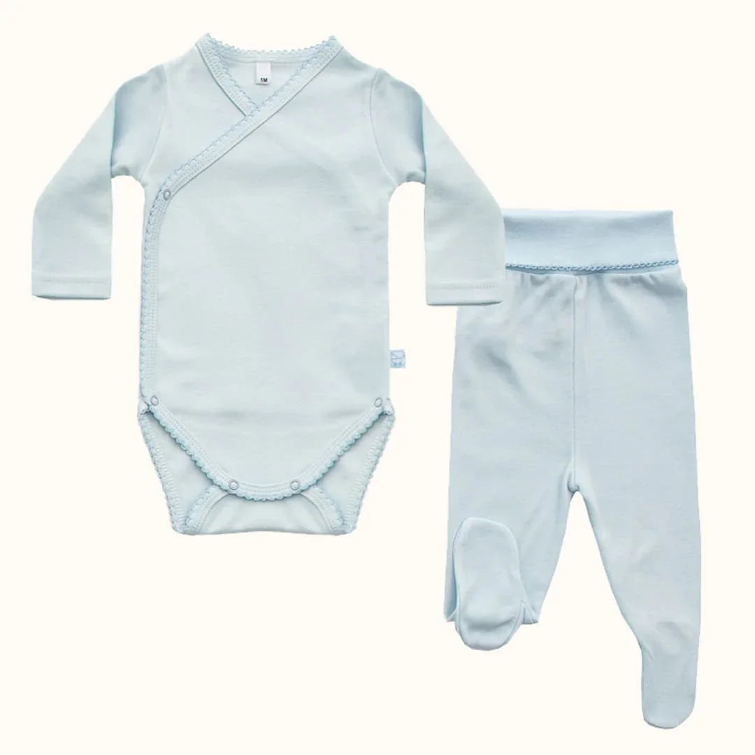 Conjunto de body e calça bebê algodão suave azul, manga longa, confortável para recém-nascido
