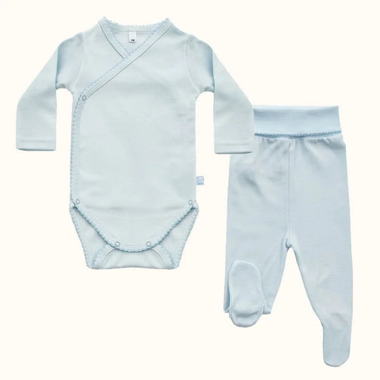 Conjunto de body e calça bebê algodão suave azul, manga longa, confortável para recém-nascido