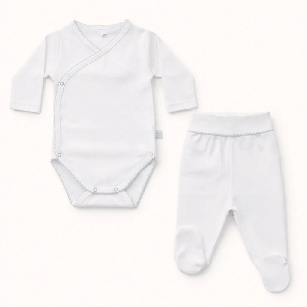 Conjunto de body de algodão branco de manga longa e calça para bebé recém-nascido
